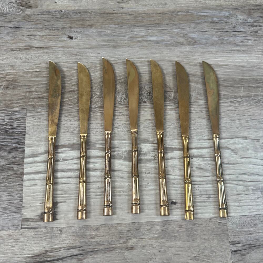 Vintage Mid Century Gold Bamboo Steak Knives Set 7 Hollywood Regency Chinoiserie